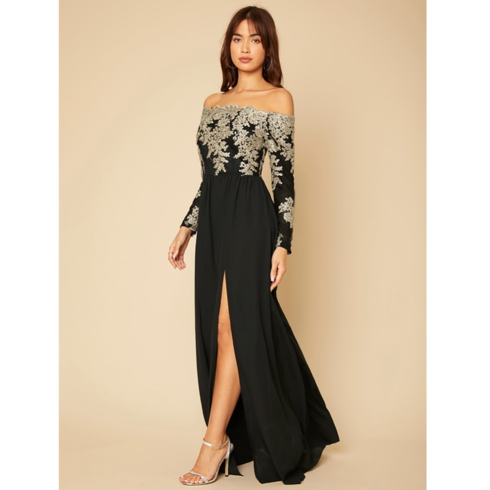 Off Shoulder Embroidered High Slit Maxi Dress Black Gold Long Sleeve - Picture 4 of 16